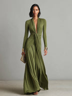 Oliv Seide Maxi Kleid V-Ausschnitt
