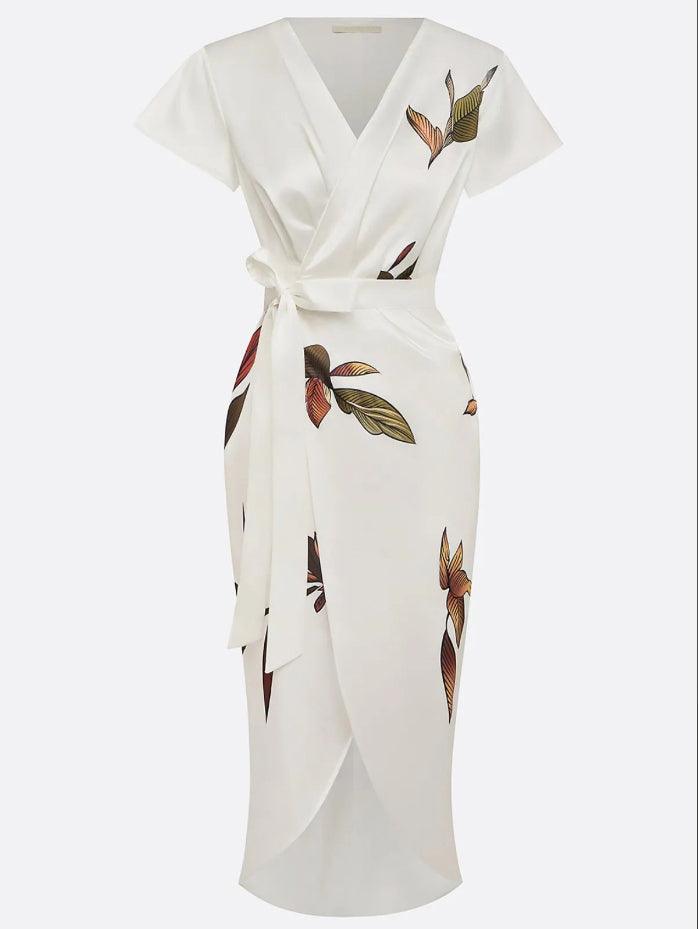 Judy | Weißes Leaf Kurzarm Satin Midi Kleid