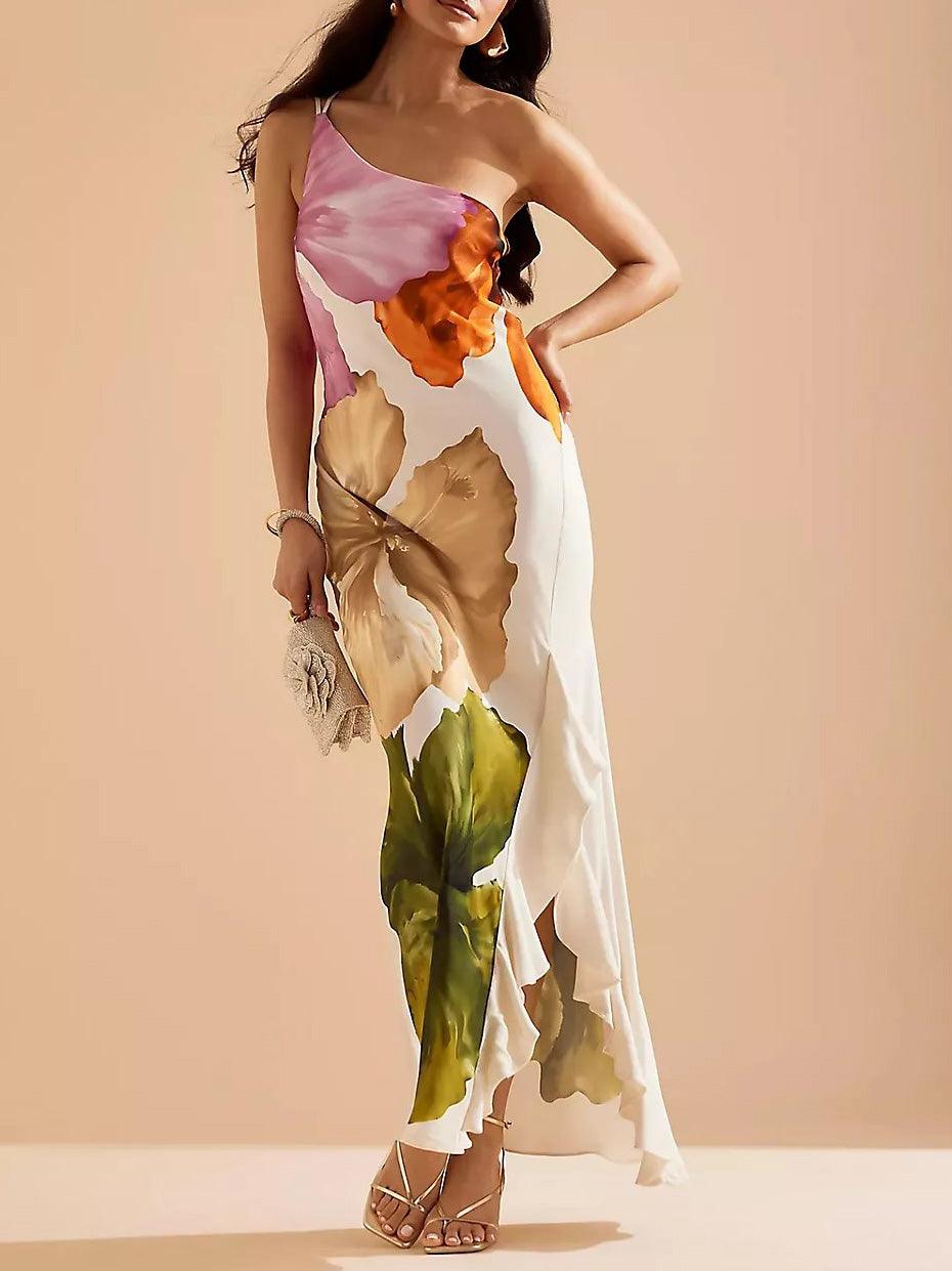 Kira | Resort Vibes Elegantes Floralprint Ein-Schulter Maxikleid