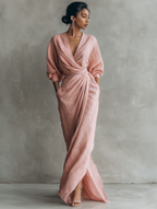 Rosa Leinen Maxi Kleid V-Hals