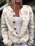 Jacqueline | Strickjacke mit rosa Rosenblüten-Print und Knöpfen