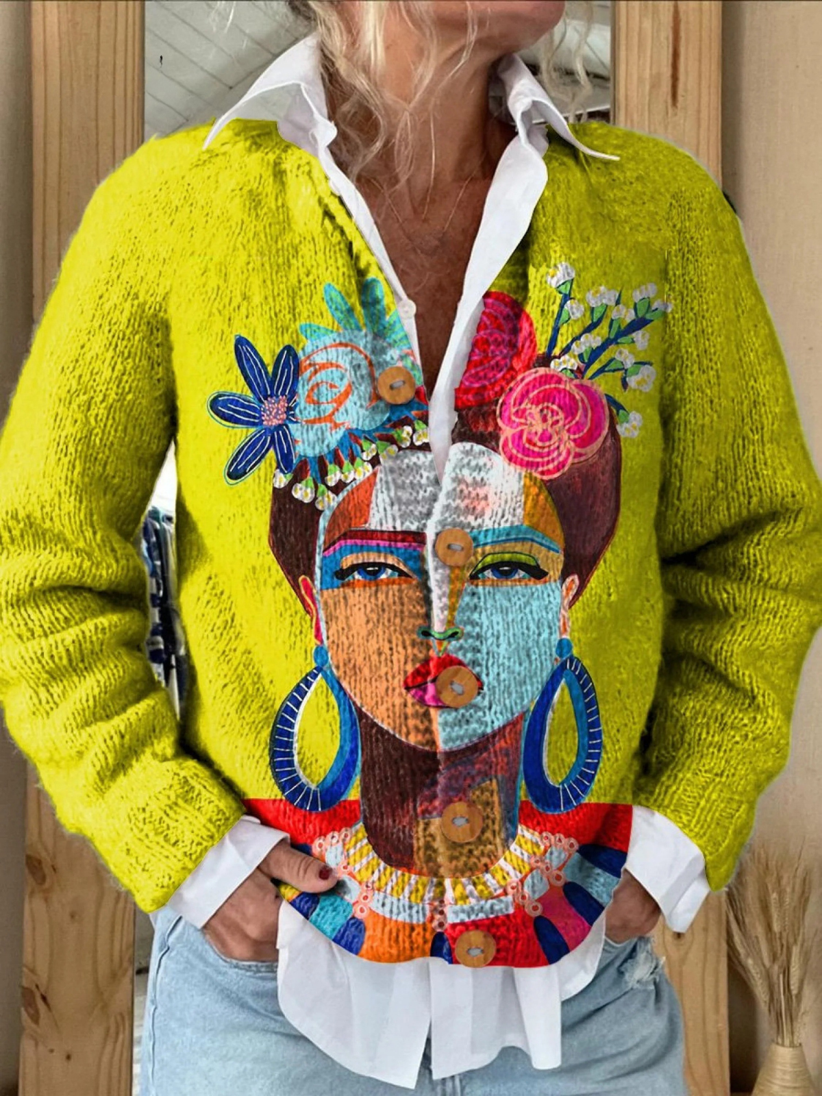 Danielle | Gemälde, Porträt, Kunstdruck, Strickjacke mit Knöpfen