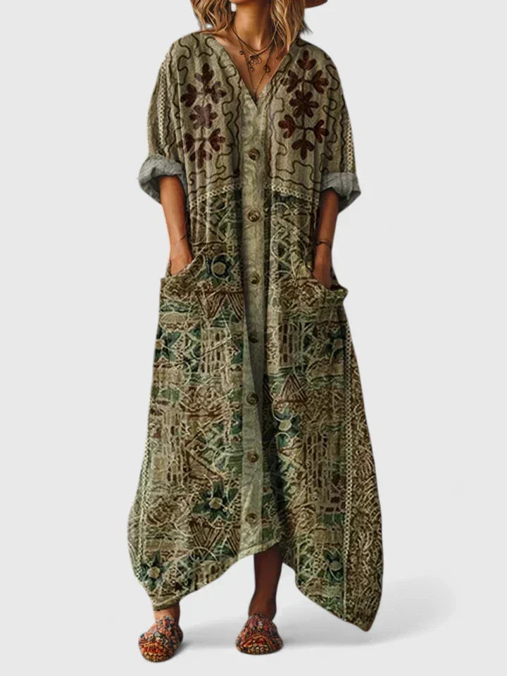 Emerald | V-Ausschnitt Langarm-Maxikleid