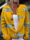 Lisette | Vintage-Sardinen-Kunstdruck-Strickjacke mit Knöpfen