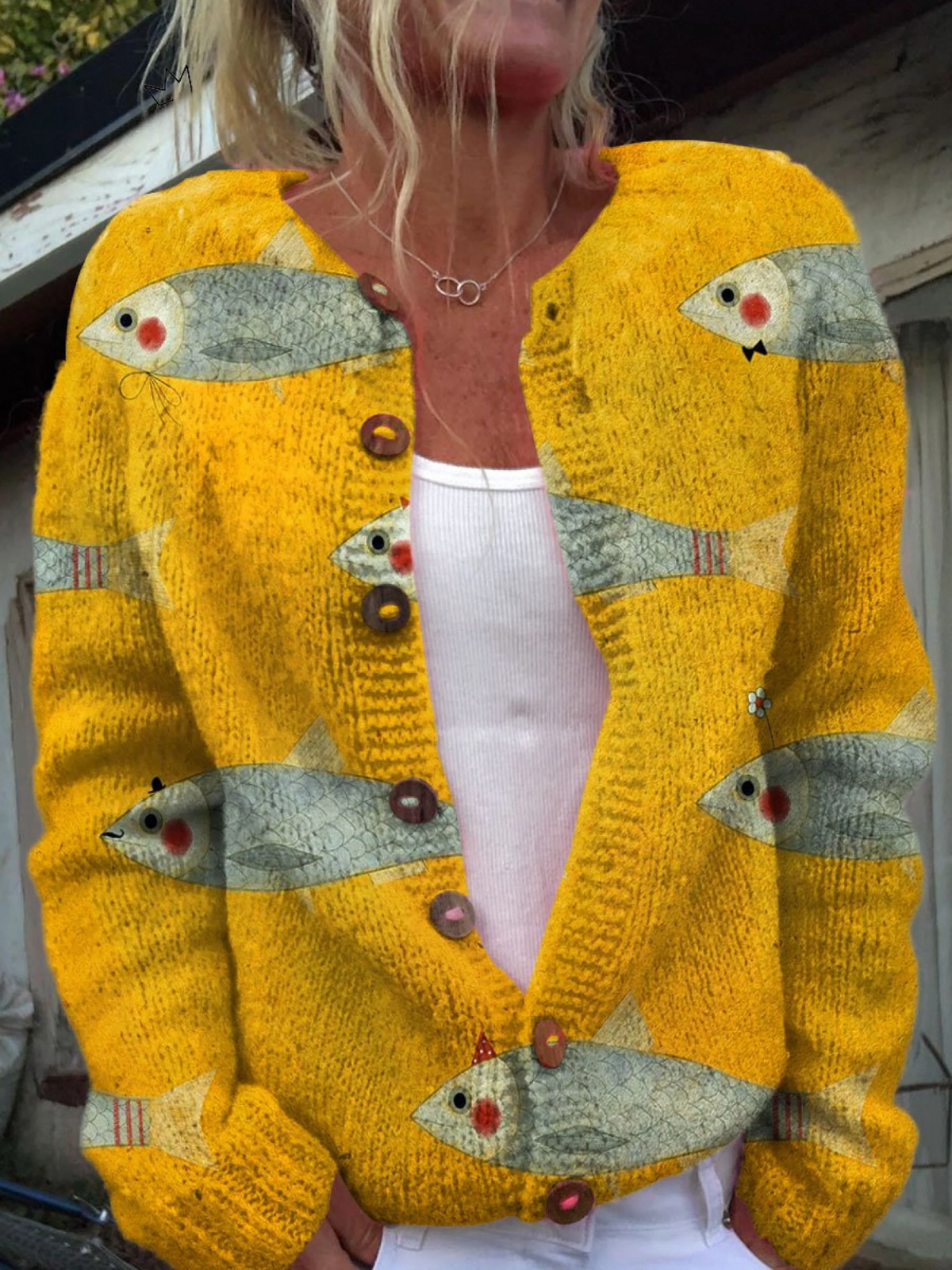 Lisette | Vintage-Sardinen-Kunstdruck-Strickjacke mit Knöpfen