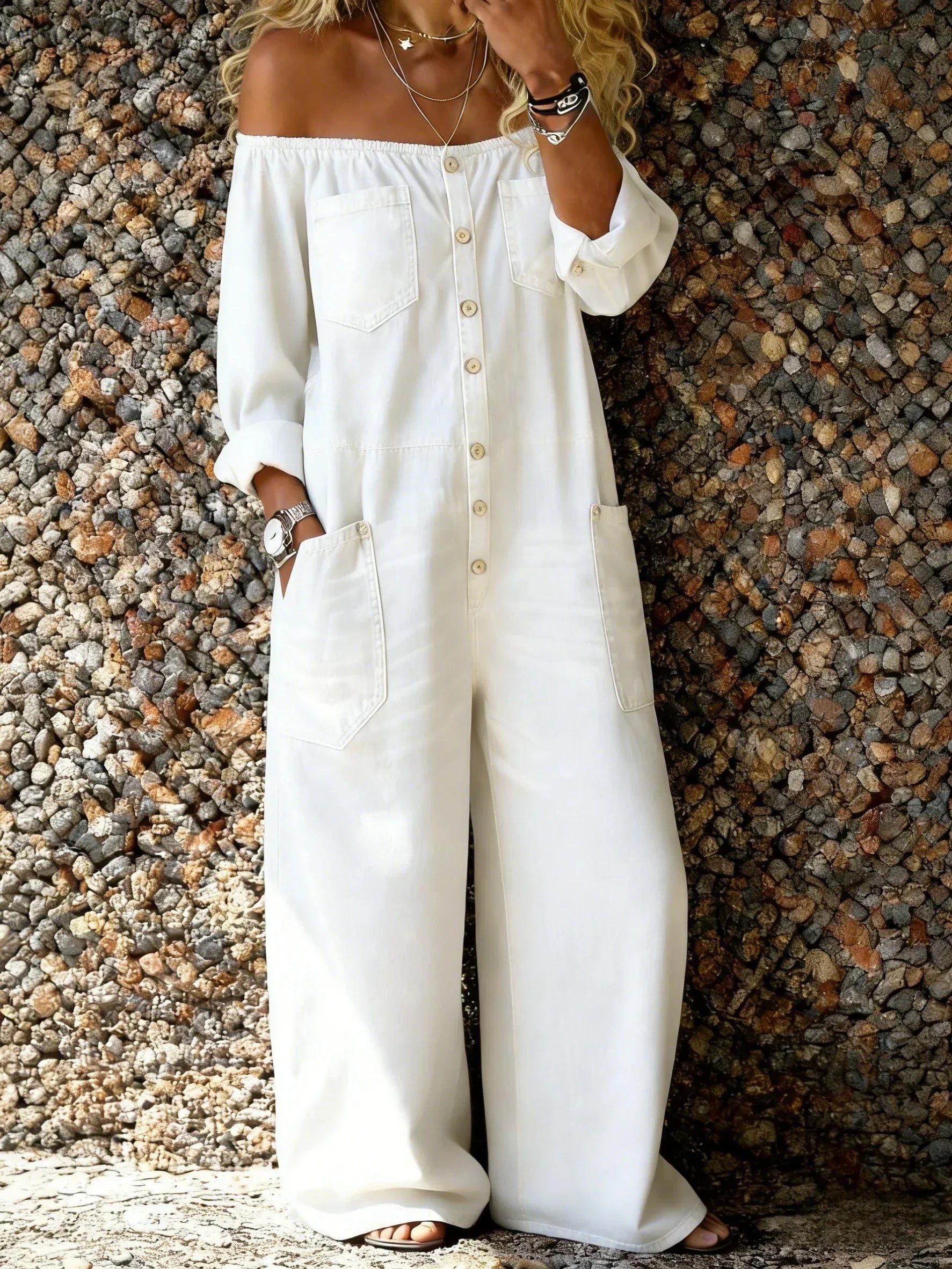 Veda - Off-Shoulder Denim-Jumpsuit mit lockerer Passform