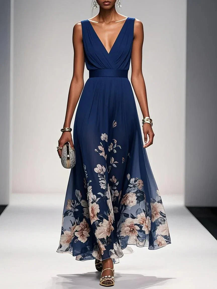 Rose | Hellblaues Floral Chiffon V-Ausschnitt Maxikleid