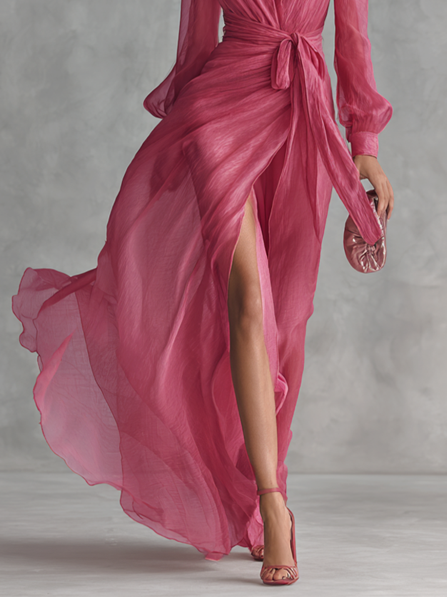 Rosa Chiffonkleid mit V-Ausschnitt