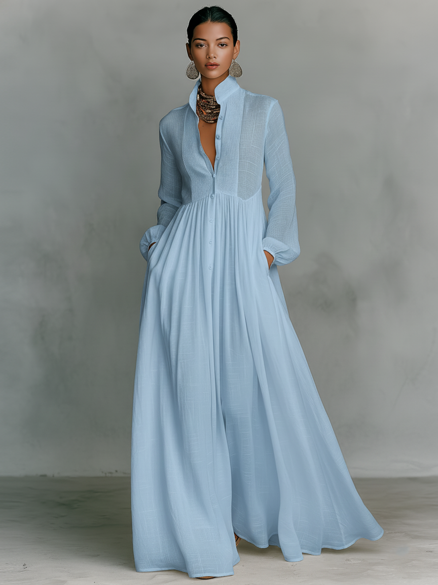 Patchwork Leinen Maxi Kleid Stehkragen