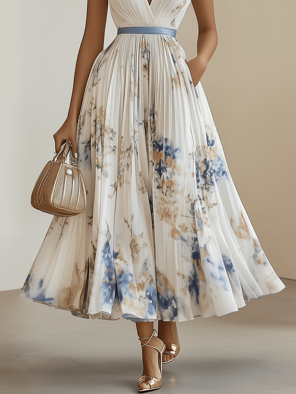 Chloe | Weißes Floral Chiffon V-Ausschnitt Plissee Midi-Kleid