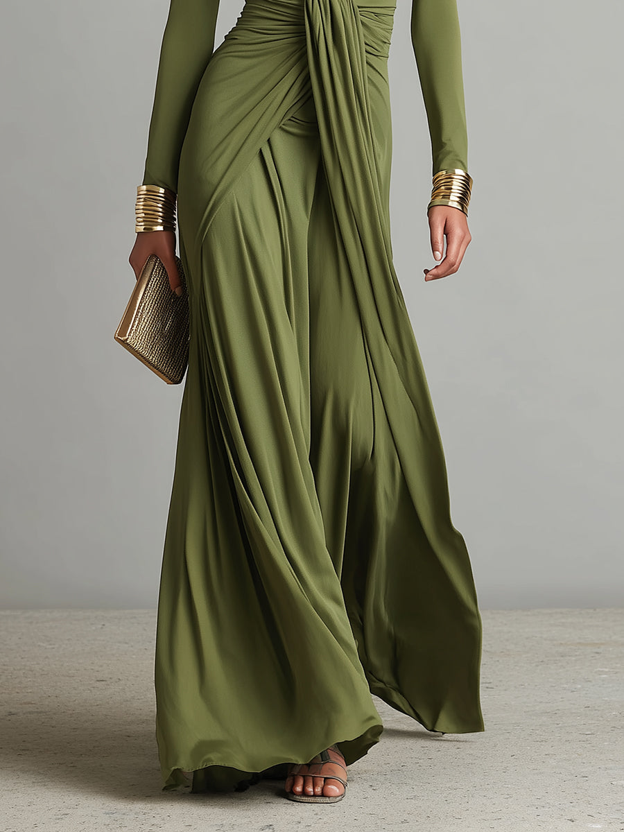 Sofia | Oliv Seide Maxikleid Tiefer V-Ausschnitt