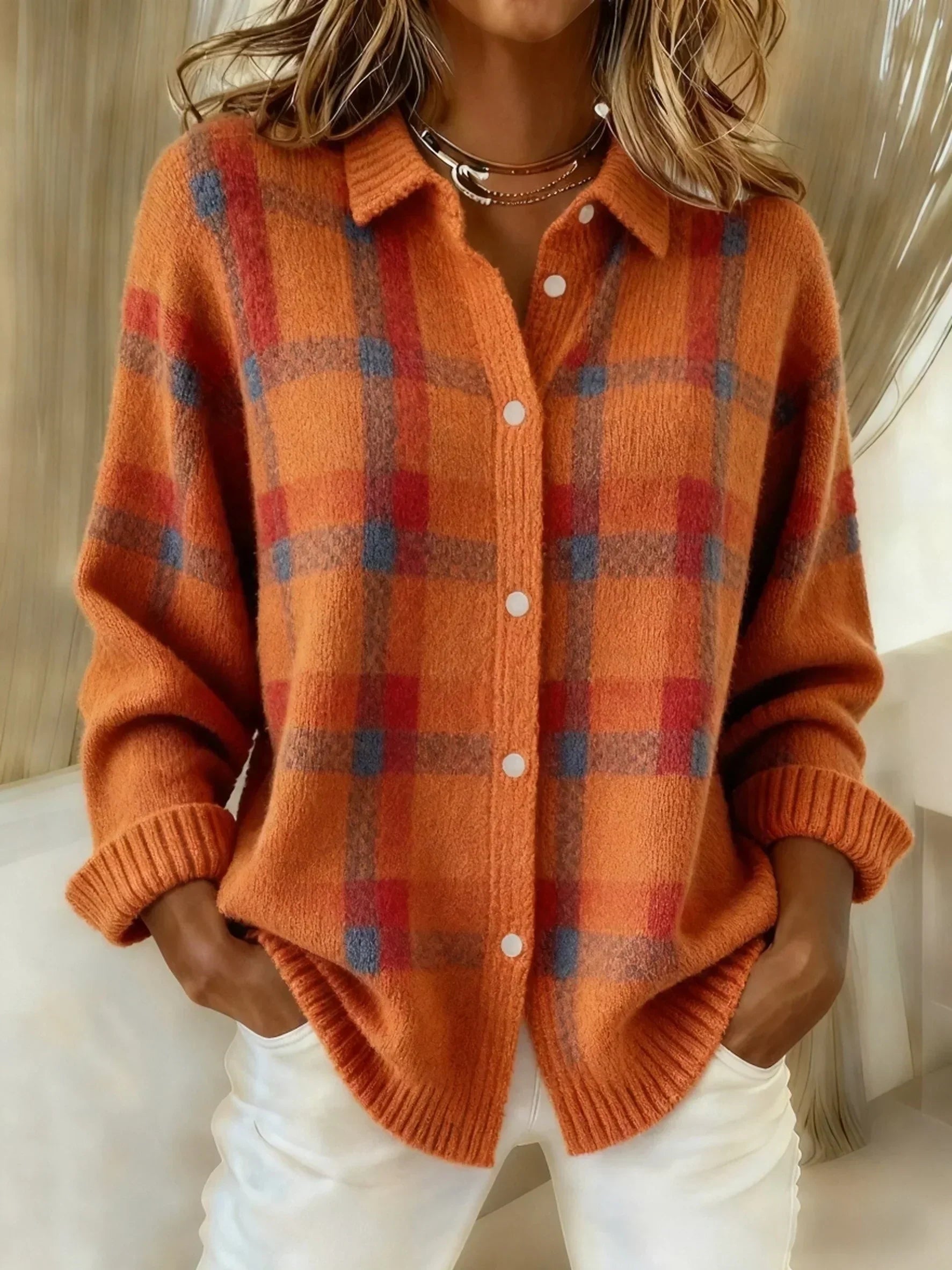 Rowena | Karierter Strick-Cardigan mit Knopfleiste