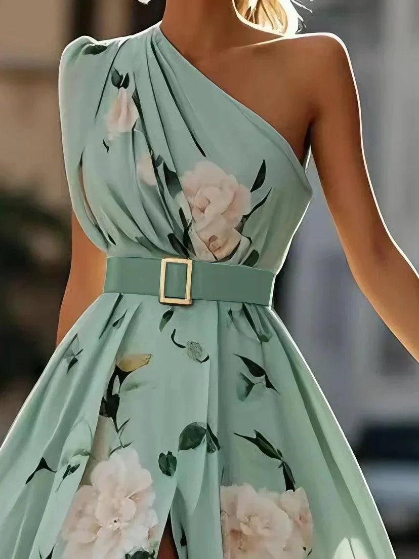 Julie | Hellgrünes Floral Chiffon Ein-Schulter Maxikleid
