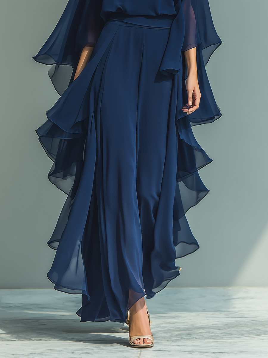 Marineblau Chiffon Set Rüschen