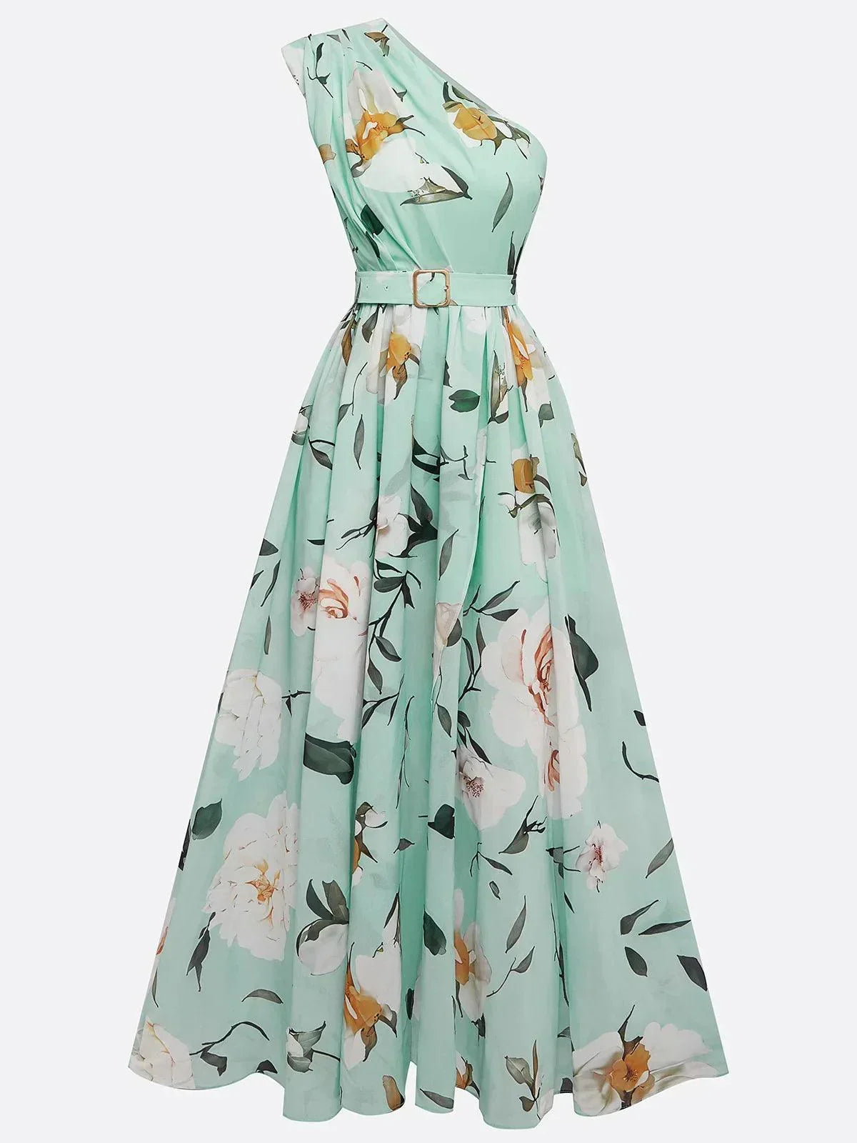 Julie | Hellgrünes Floral Chiffon Ein-Schulter Maxikleid