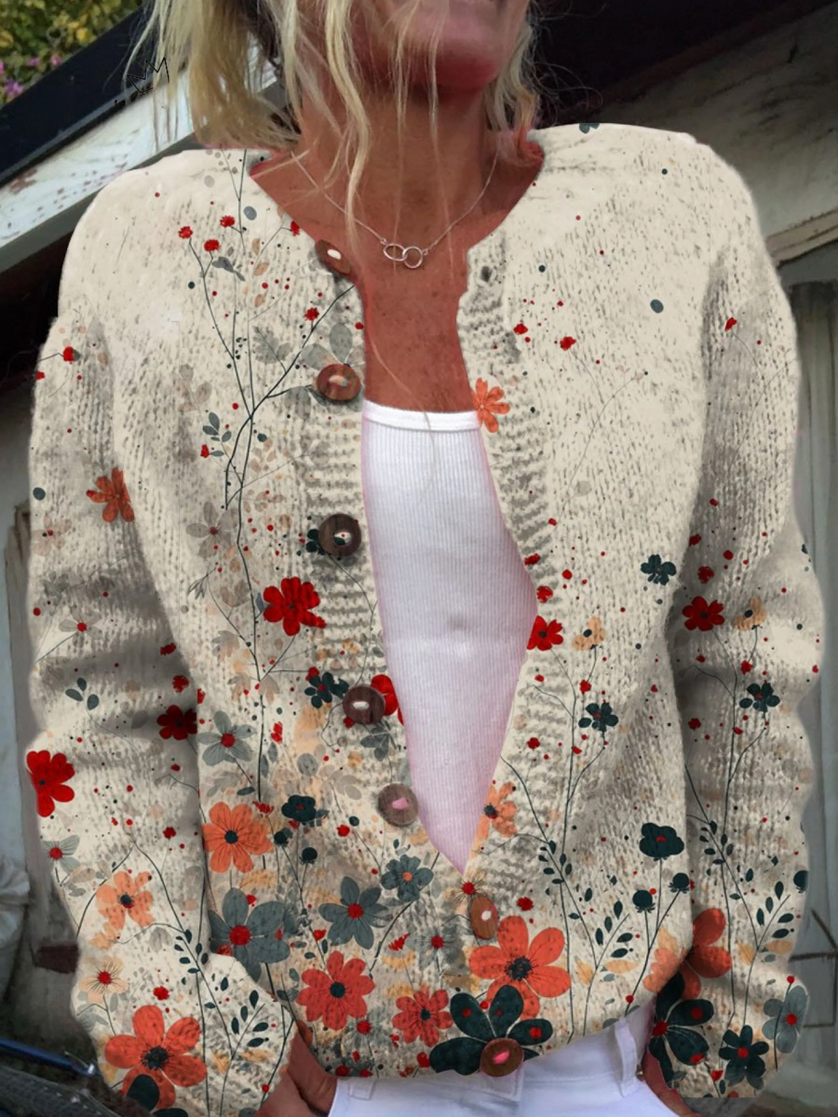 Simone | Vintage-Blumenmuster-Kunstdruck-Strickjacke mit Knöpfen