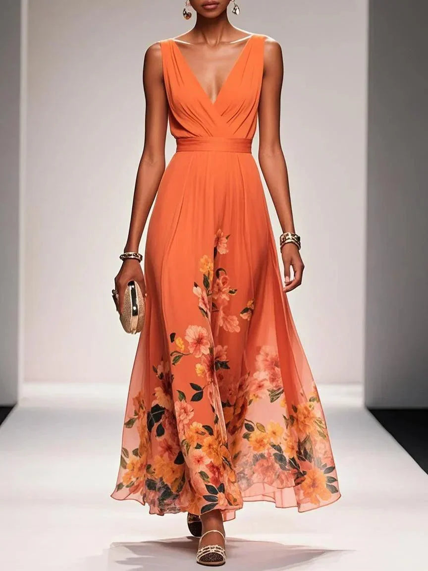 Rose | Hellblaues Floral Chiffon V-Ausschnitt Maxikleid