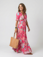 Ione | Kurzärmliges V-Ausschnitt Blumen-Midi-Kleid