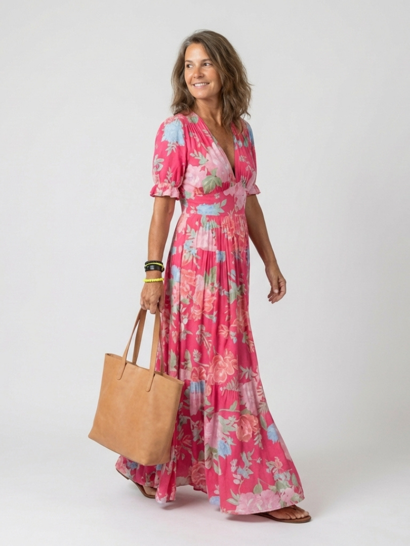 Ione | Kurzärmliges V-Ausschnitt Blumen-Midi-Kleid