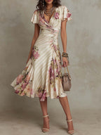 Margaret | Vintage Floral Satin Midi Kleid