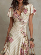 Margaret | Vintage Floral Satin Midi Kleid