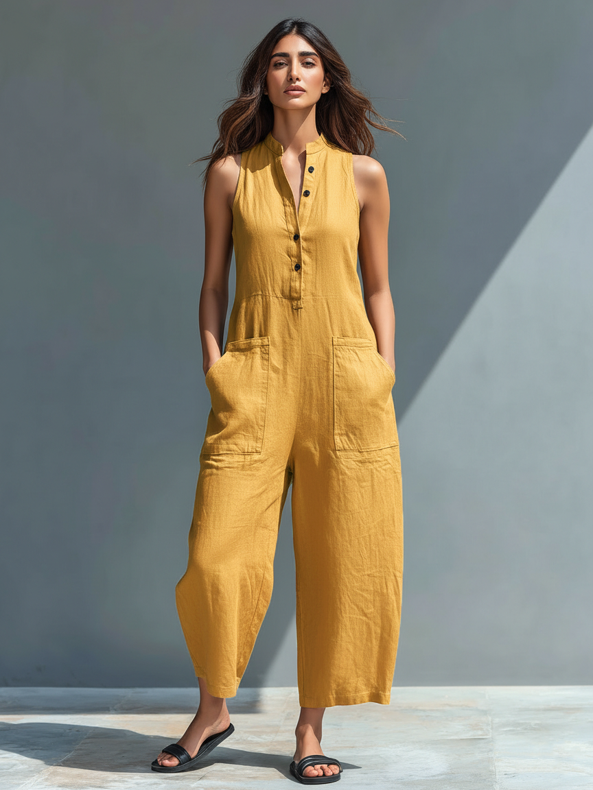 Larson - Ärmellose minimalistische Latzhose aus Mischleinen für Damen mit hohem Kragen und Knöpfen