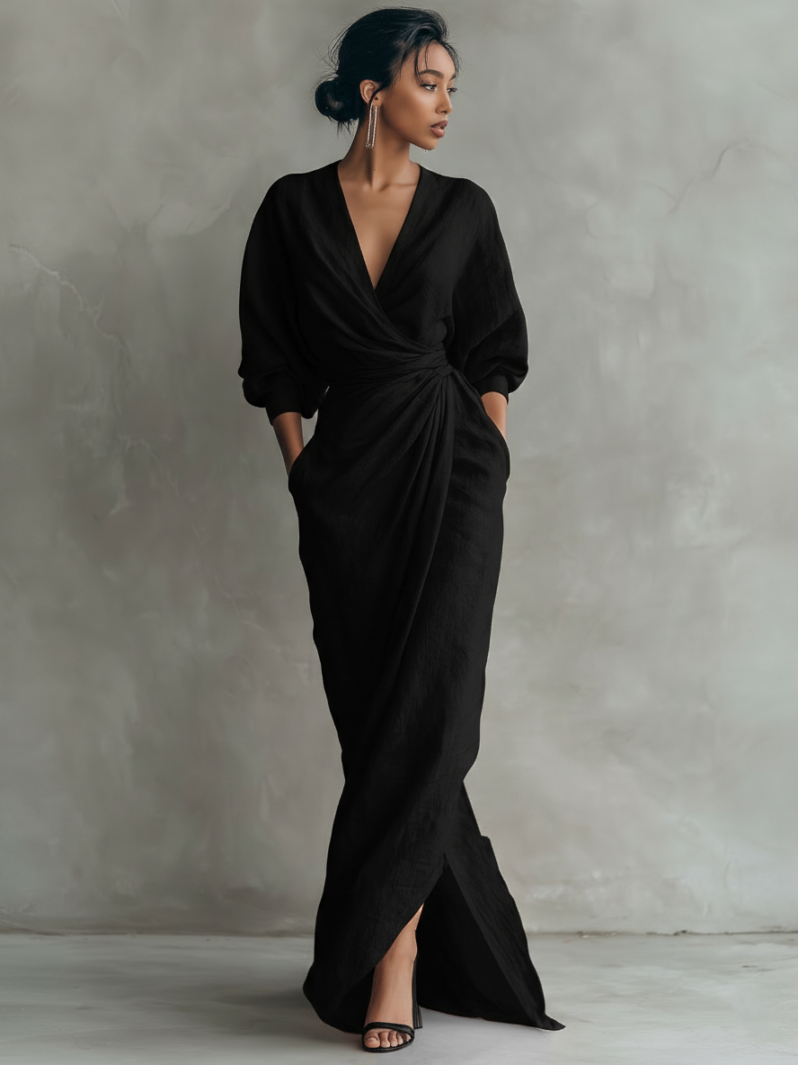 Rosa Leinen Maxi Kleid V-Hals
