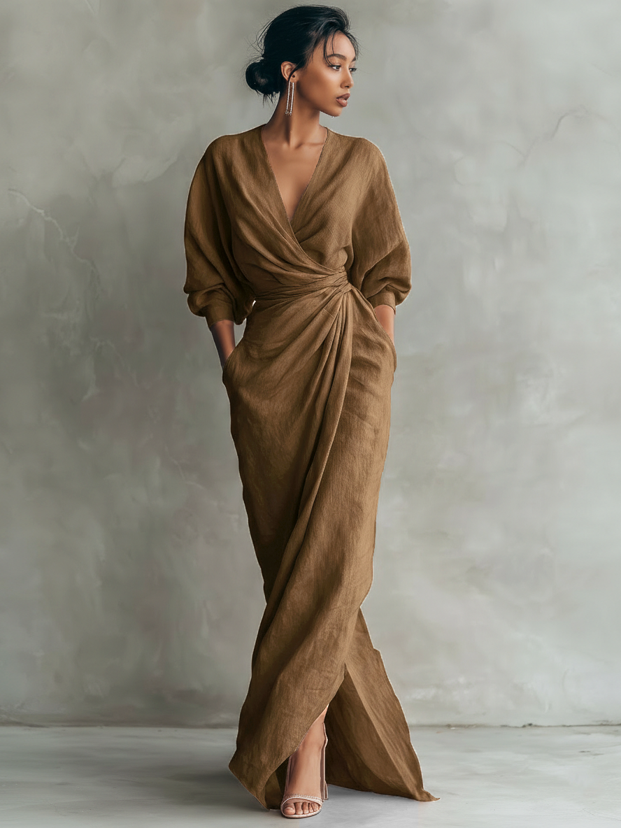 Rosa Leinen Maxi Kleid V-Hals