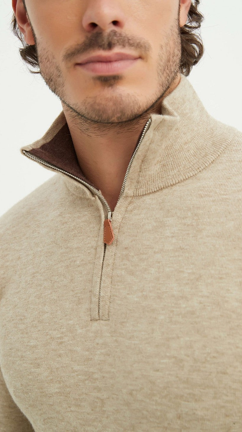 Malte | Beiger Pullover mit Halb-Reißverschluss