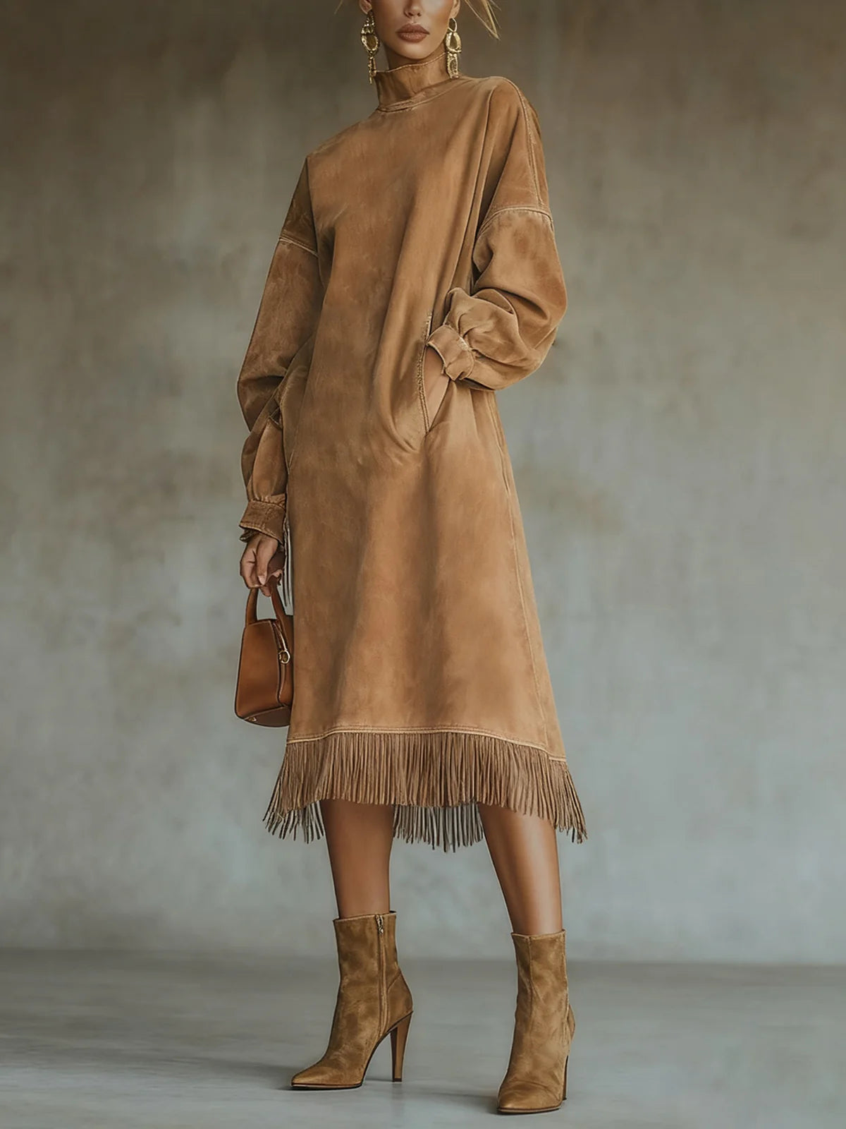 Myla | Hochgeschlossenes Midi-Kleid mit Fransen