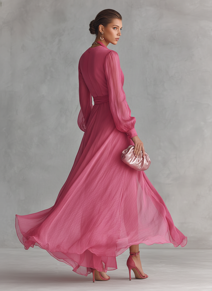 Mia | Rosa Chiffon Maxikleid V-Ausschnitt