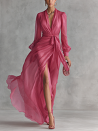Beatrice | Elegantes Chiffon V-Ausschnitt Tailliertes Langkleid