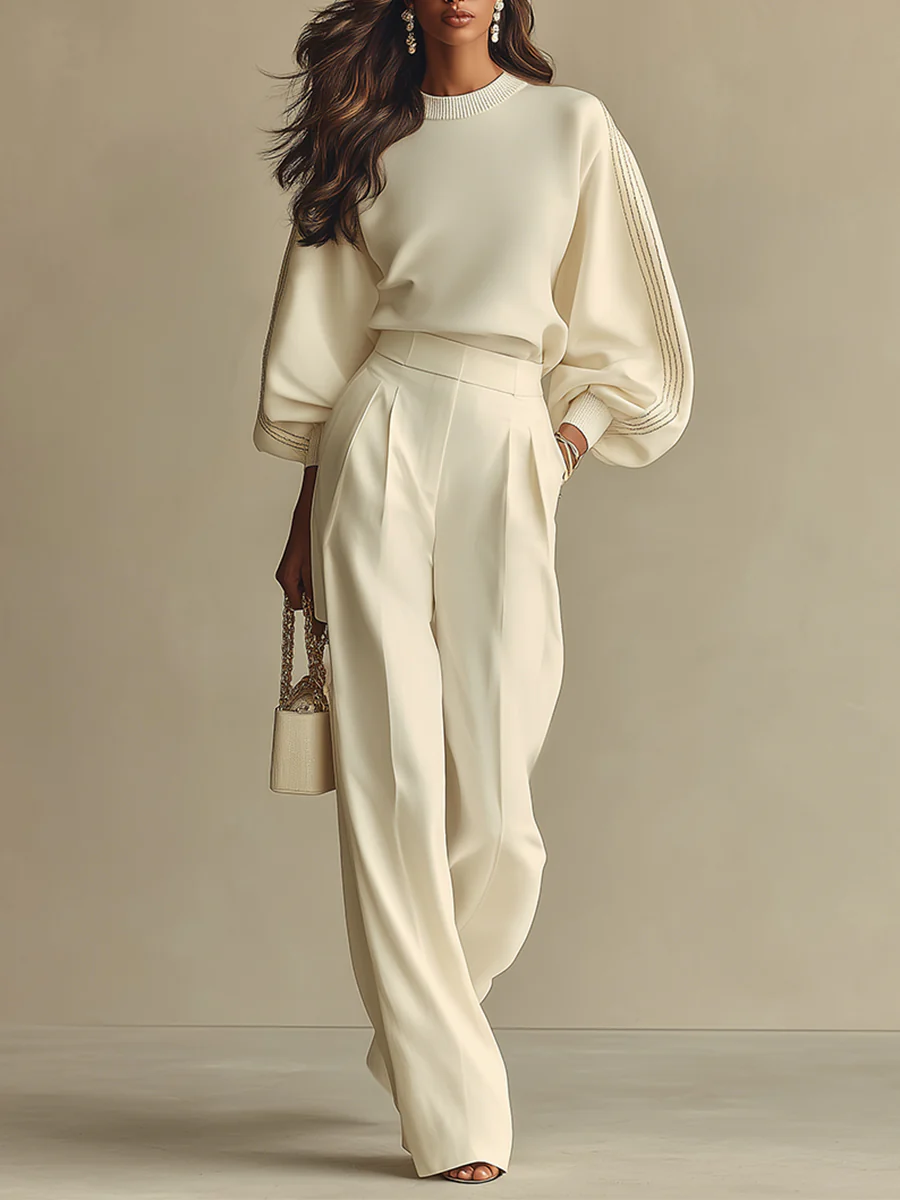 Isa | Ivory Crew Neck Top und Hochtaillierte Weite Hose Set
