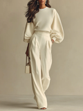 Isa | Ivory Crew Neck Top und Hochtaillierte Weite Hose Set