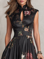 Patricia | Schwarzes Blumen Satin Falten Midi Kleid