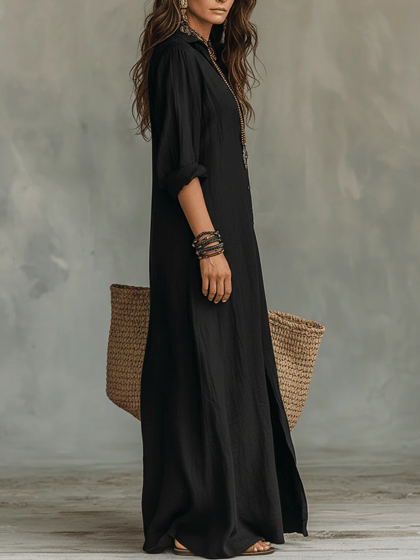 Soline™ | Locker fallendes grünes Maxikleid mit Knöpfen