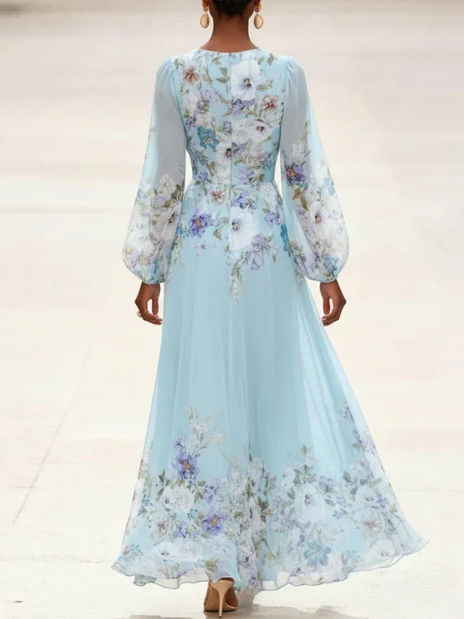 Mia | Hellblaues Floral Chiffon V-Ausschnitt Maxikleid