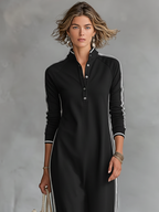 Laura | Sweat Maxikleid Knopfkragen Weißer Saum