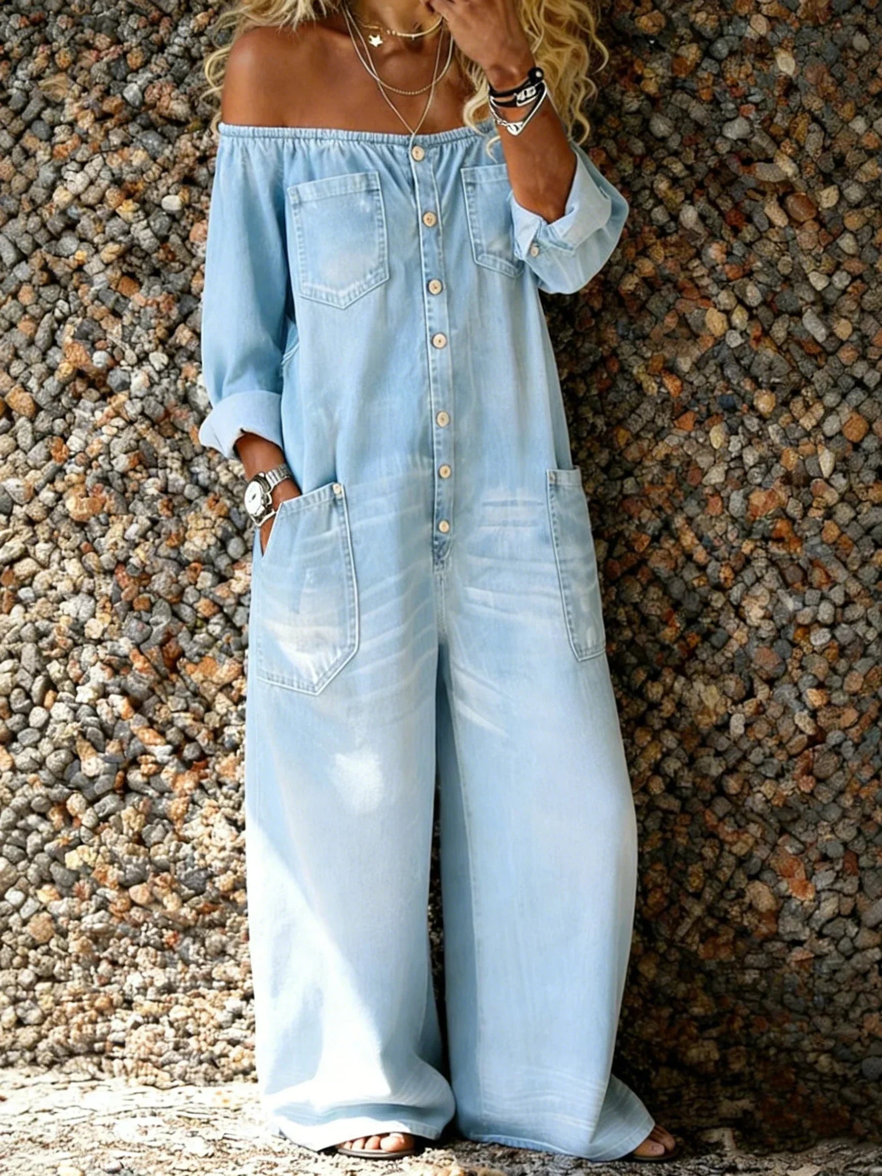 Veda - Off-Shoulder Denim-Jumpsuit mit lockerer Passform
