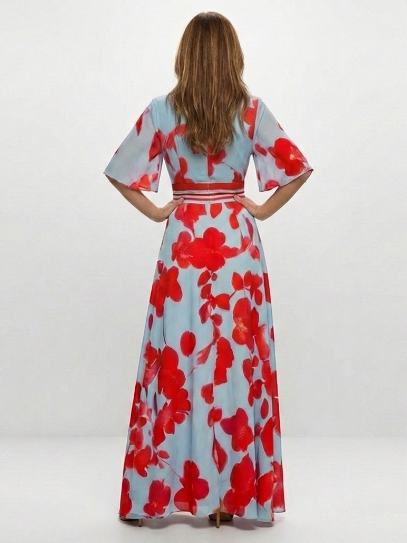 Corinne | V-Ausschnitt Kurzarm Blumen Maxikleid