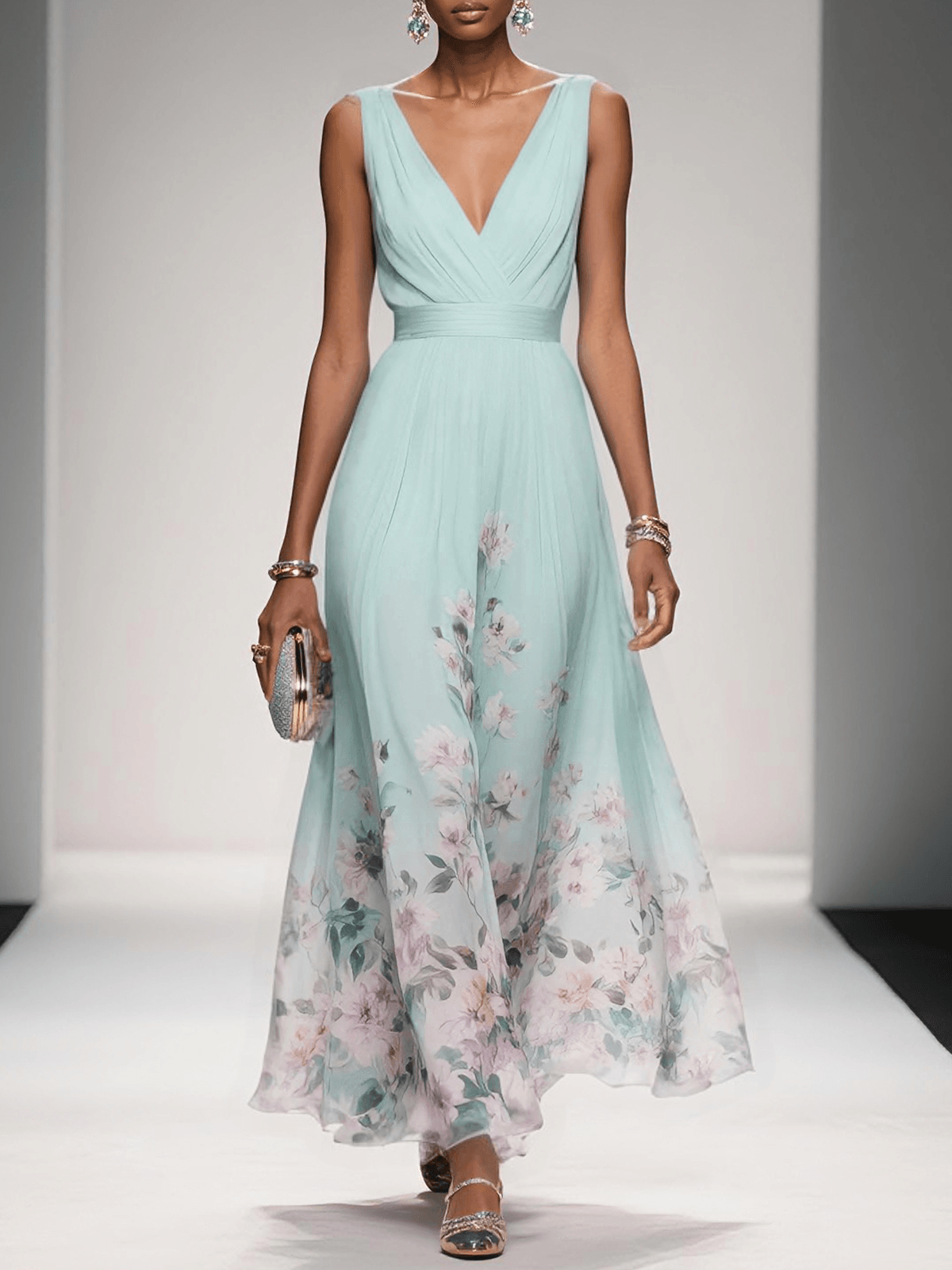 Rose | Hellblaues Floral Chiffon V-Ausschnitt Maxikleid
