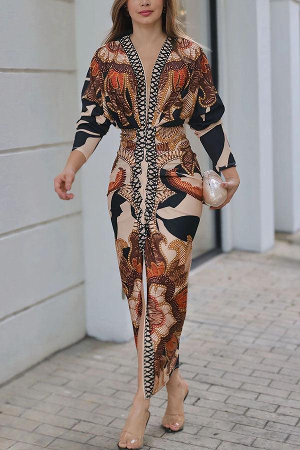 Eva | Sun Escape Einzigartiges Print Dolman Midi Kleid