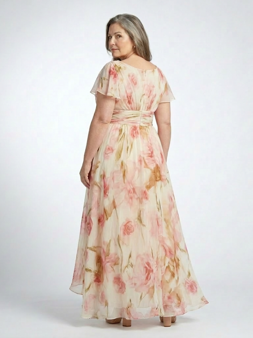 Elara | V-Ausschnitt Kurzarm Blüten Maxi Kleid