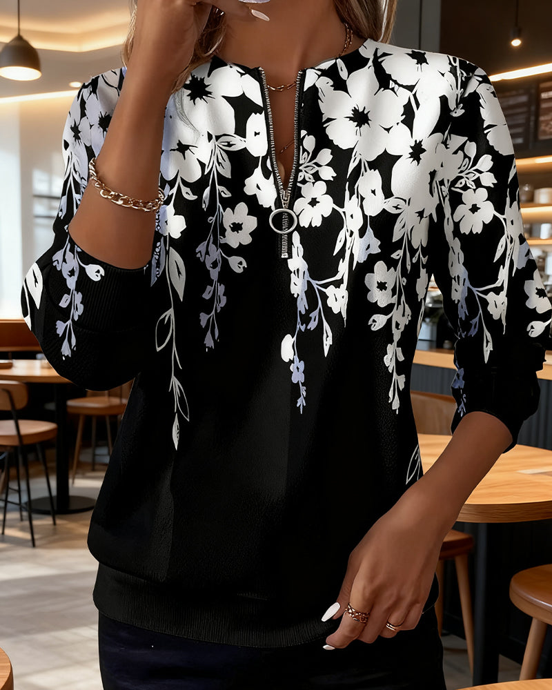 Davina | Blumen-Sweatshirt mit halbem Reißverschluss