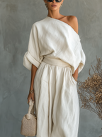 Ella | Weißes Leinen Set Off-Shoulder Hose