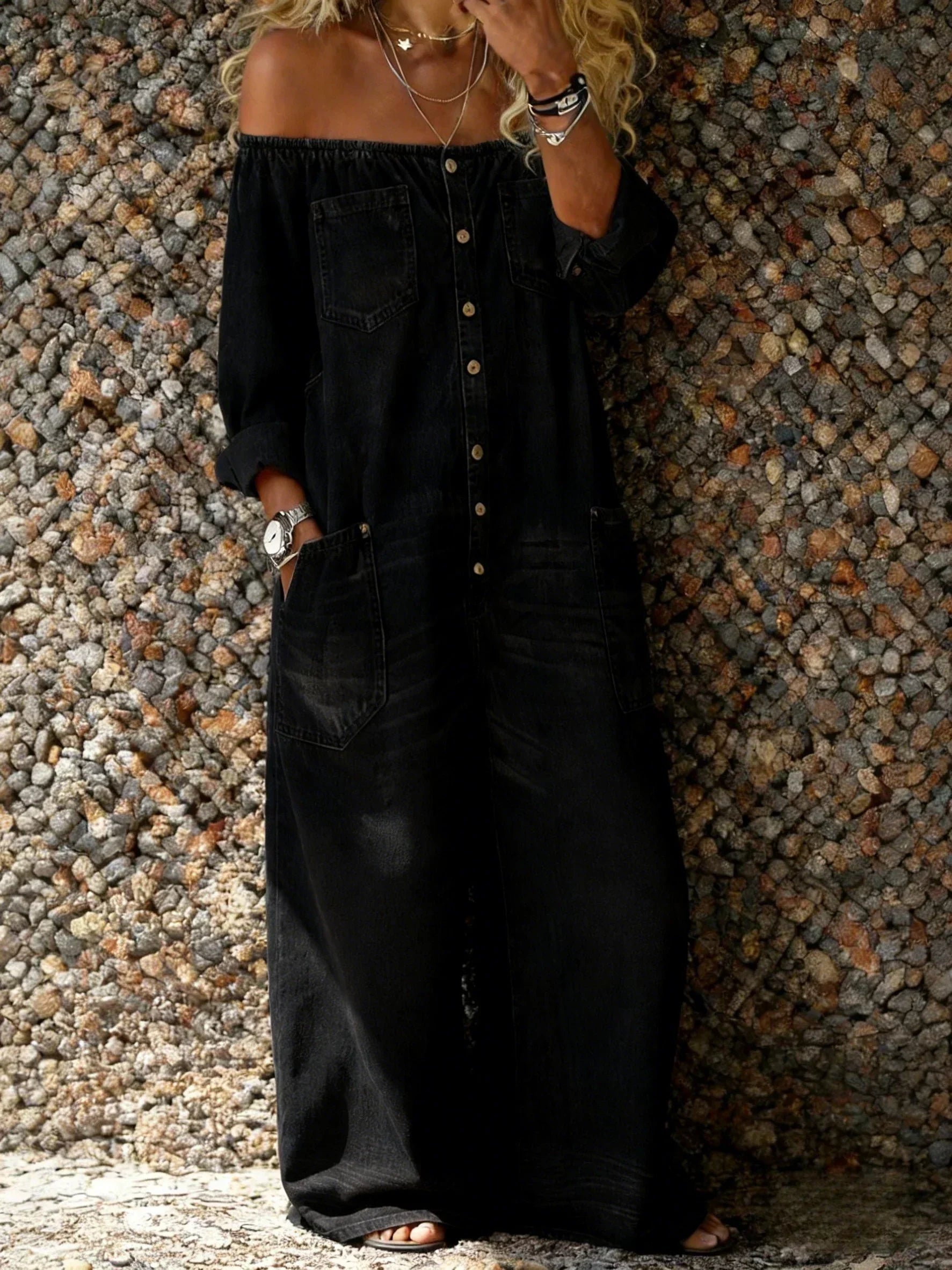 Veda - Off-Shoulder Denim-Jumpsuit mit lockerer Passform