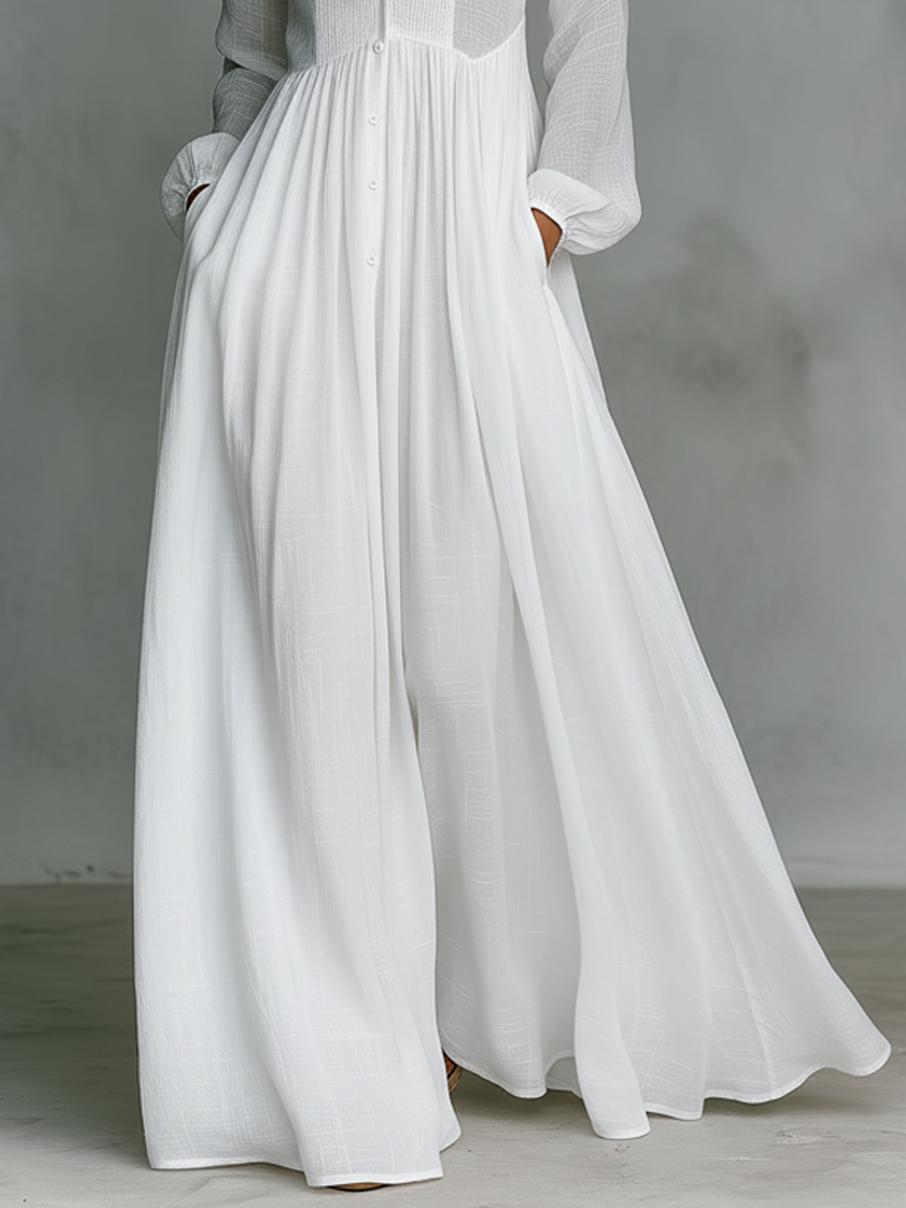 Patchwork Leinen Maxi Kleid Stehkragen