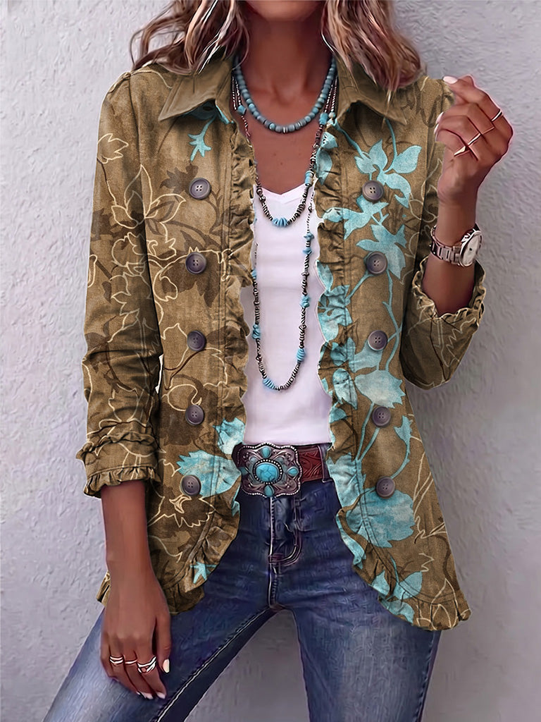 Annette | Boho-Jacke mit Farbverlauf, Vintage-Blumenmuster und Rüschen