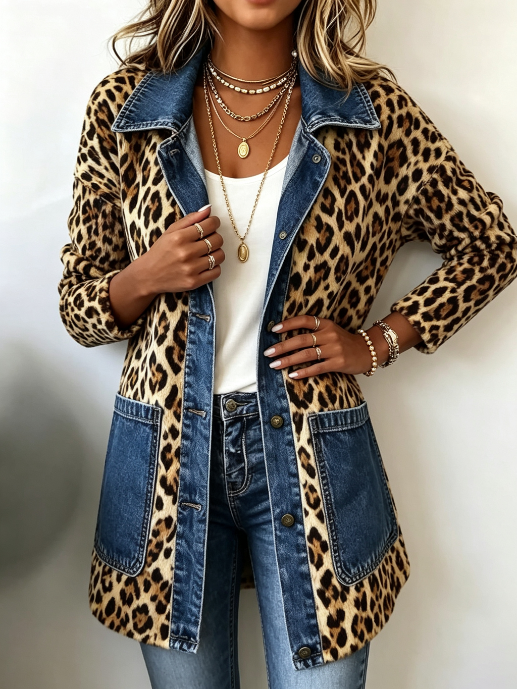 Madeleine | Longline-Jacke mit kontrastierenden Einsätzen aus Denim im Leopardenmuster