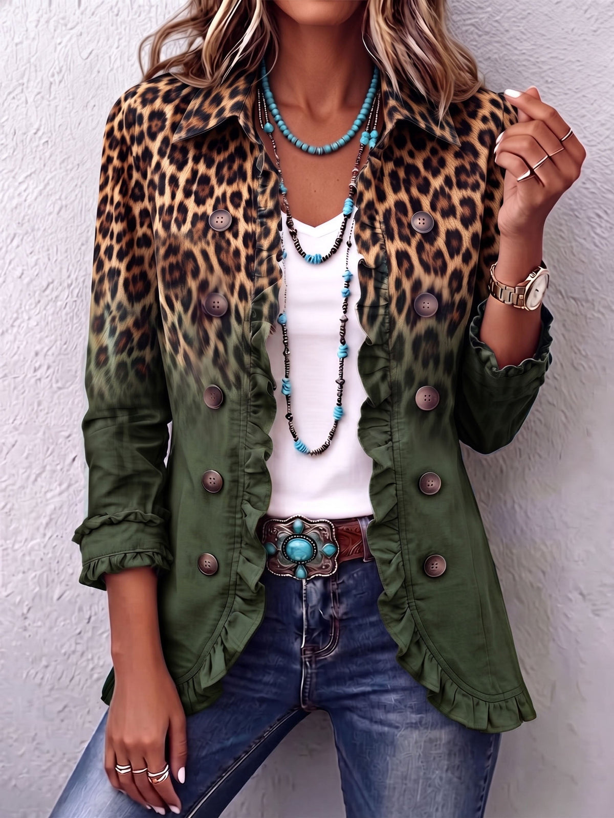 Dominique | Blazer mit Leopardenmuster, Ombré-Effekt und Rüschen